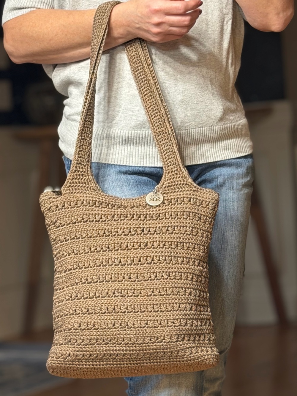 The Sak Boho Vintage Crochet Shoulder Tote Bag Tan Neutral GUC